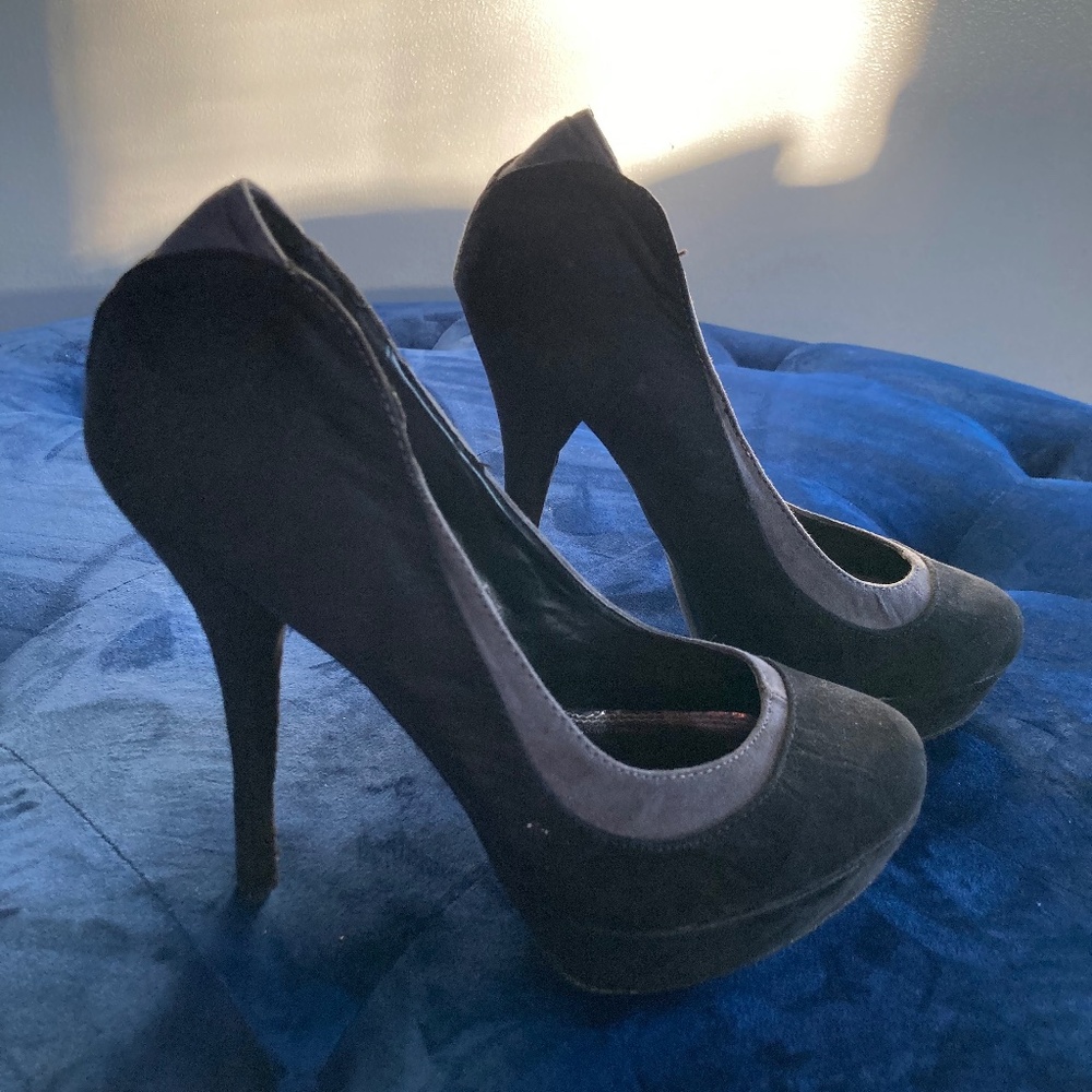 Black faux suede heels